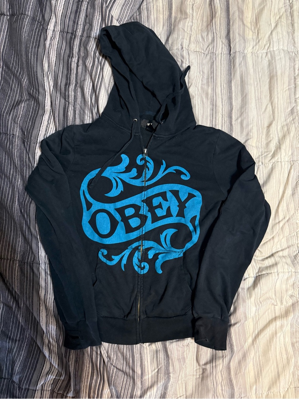 Obey Mens|womens Black Zip-Up Hoodie with Bright Blue Logo